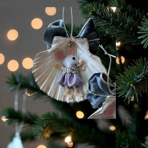 Ballerina Mouse Seashell Ornaments, Coastal Christmas Decor, Set of 3 - Picture 3 of 4